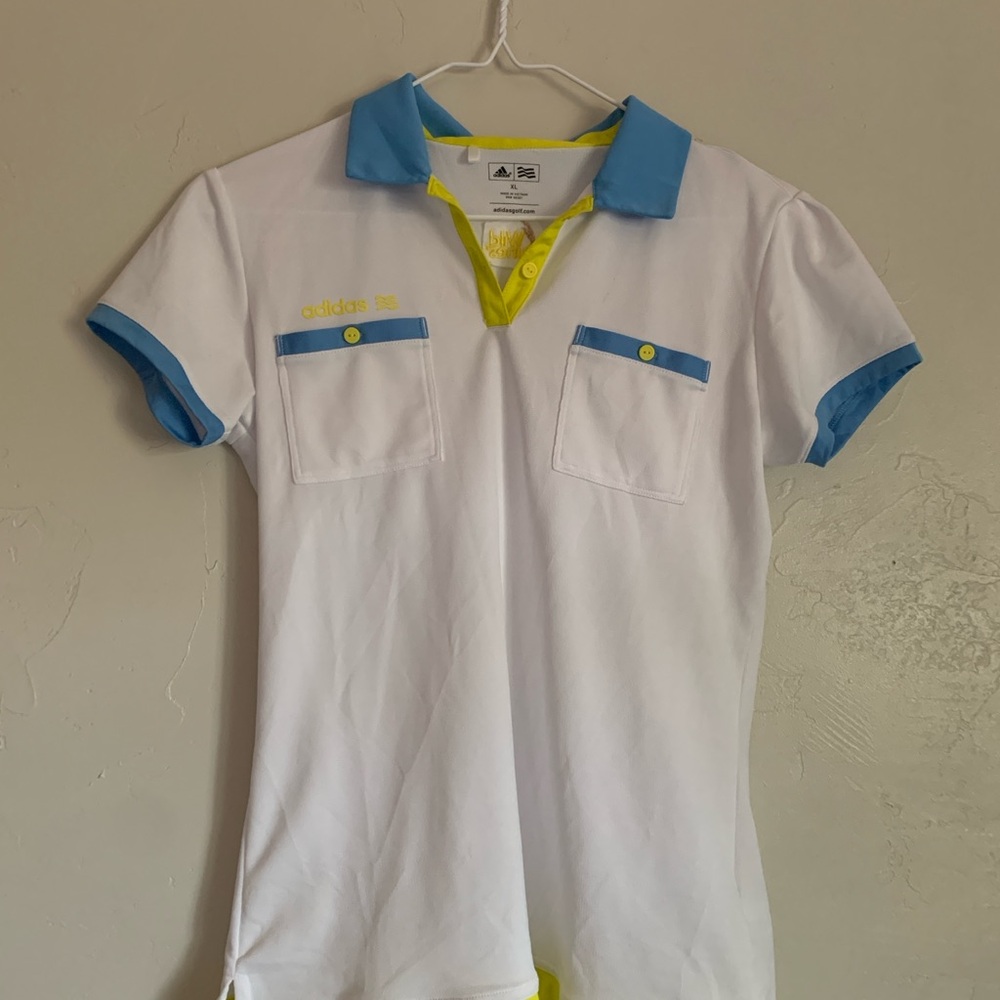 Girls Adidas White Polo with Blue and Yellow Details